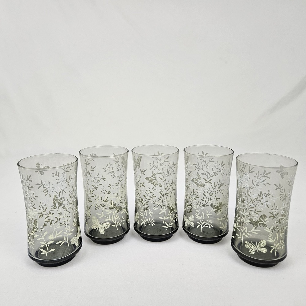 5 Libbey Monarch Butterfly Drinking Glasses Tumblers Smokey Brown MCM Boho Vtg